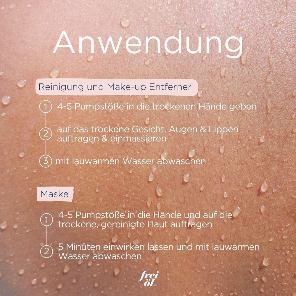 Anwendung: 4-5 Pumpstöße auf trockene Hände, Gesicht, Augen & Lippen auftragen, einmassieren, abwaschen.