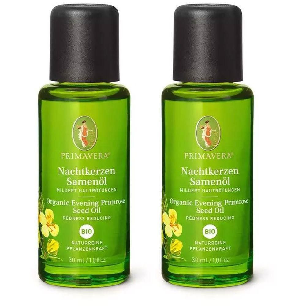 Zwei grüne Glasflaschen mit schwarzem Deckel. Aufschrift: Nachtkerzen Samenöl, Organic Evening Primrose Seed Oil, BIO. 30 ml.