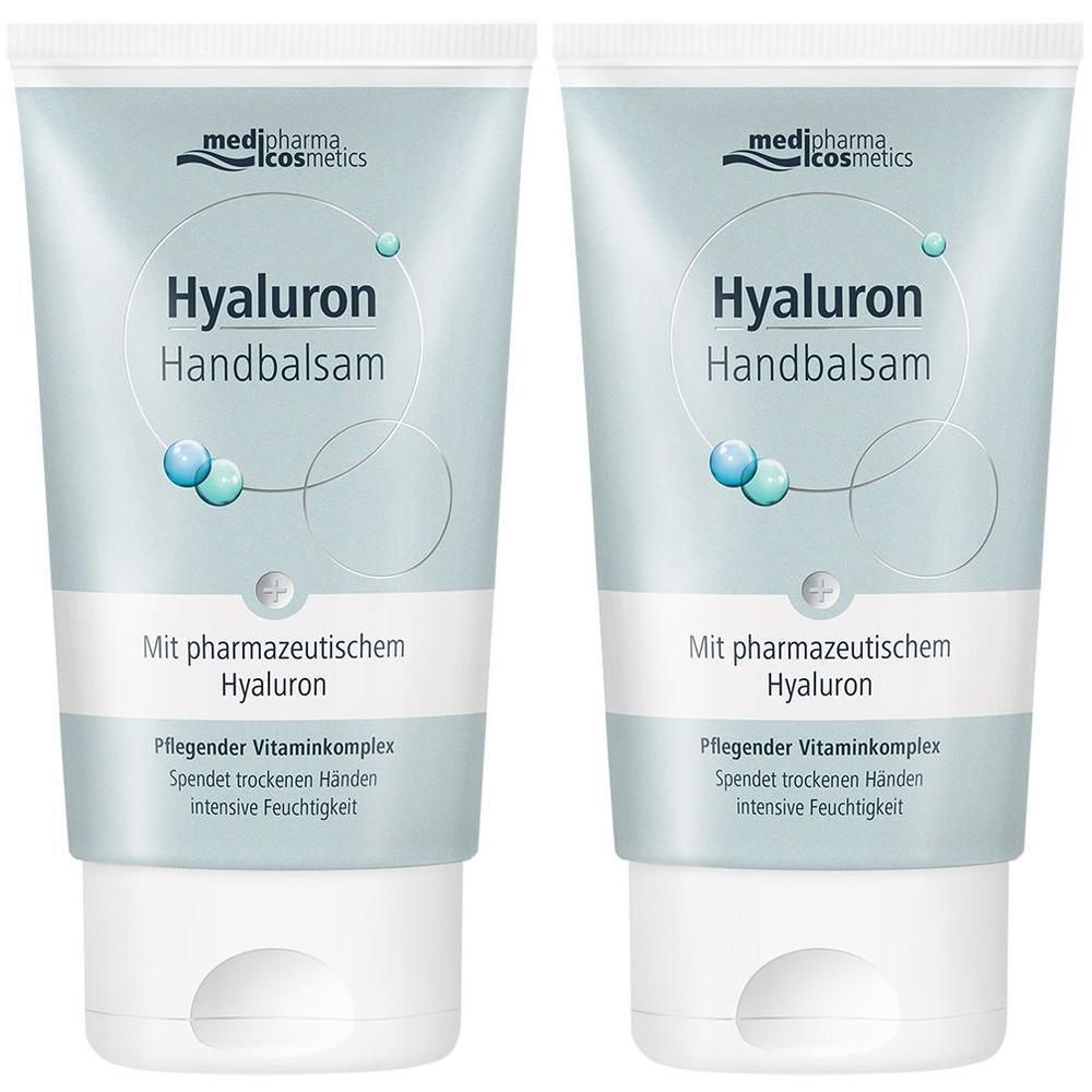 Zwei Tuben Handbalsam. Aufschrift: Hyaluron Handbalsam. Marke: medipharma cosmetics. Weiße Tube mit hellblauem Hintergrund und weißem Deckel.