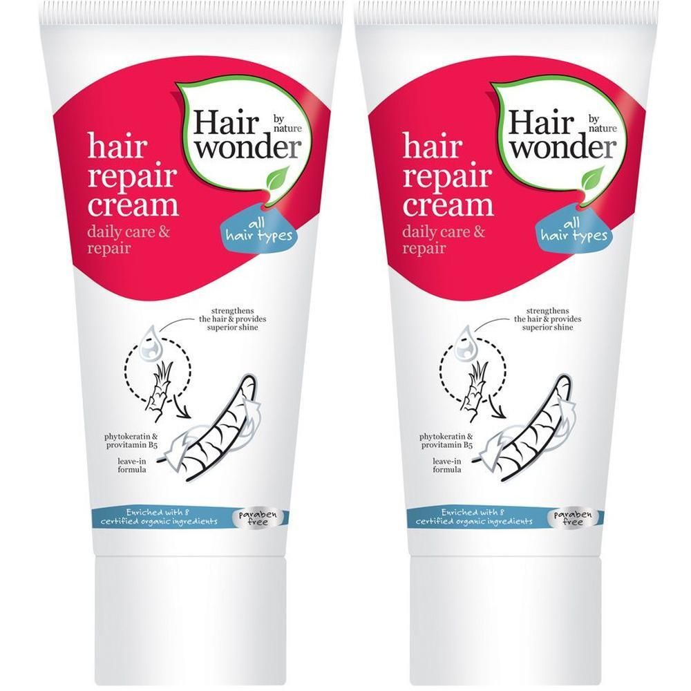 Zwei Tuben Haarcreme. Aufschrift: Hair Wonder, Hair Repair Cream, tägliche Pflege & Reparatur. Für alle Haartypen.