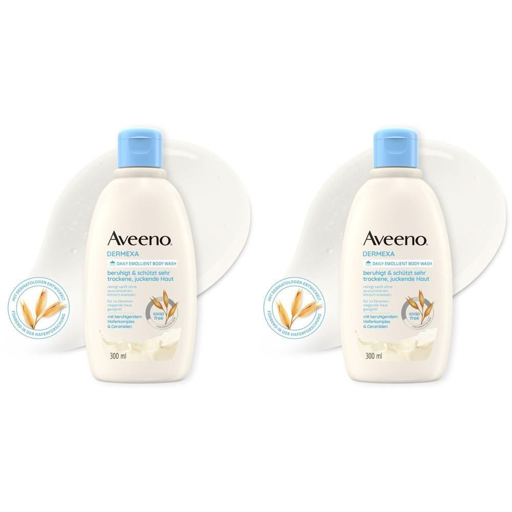 Zwei Flaschen Aveeno Dermexa Duschcreme. Weiße Flaschen mit blauem Deckel. Aufschrift: Dermexa, für trockene Haut. Haferkomplex.