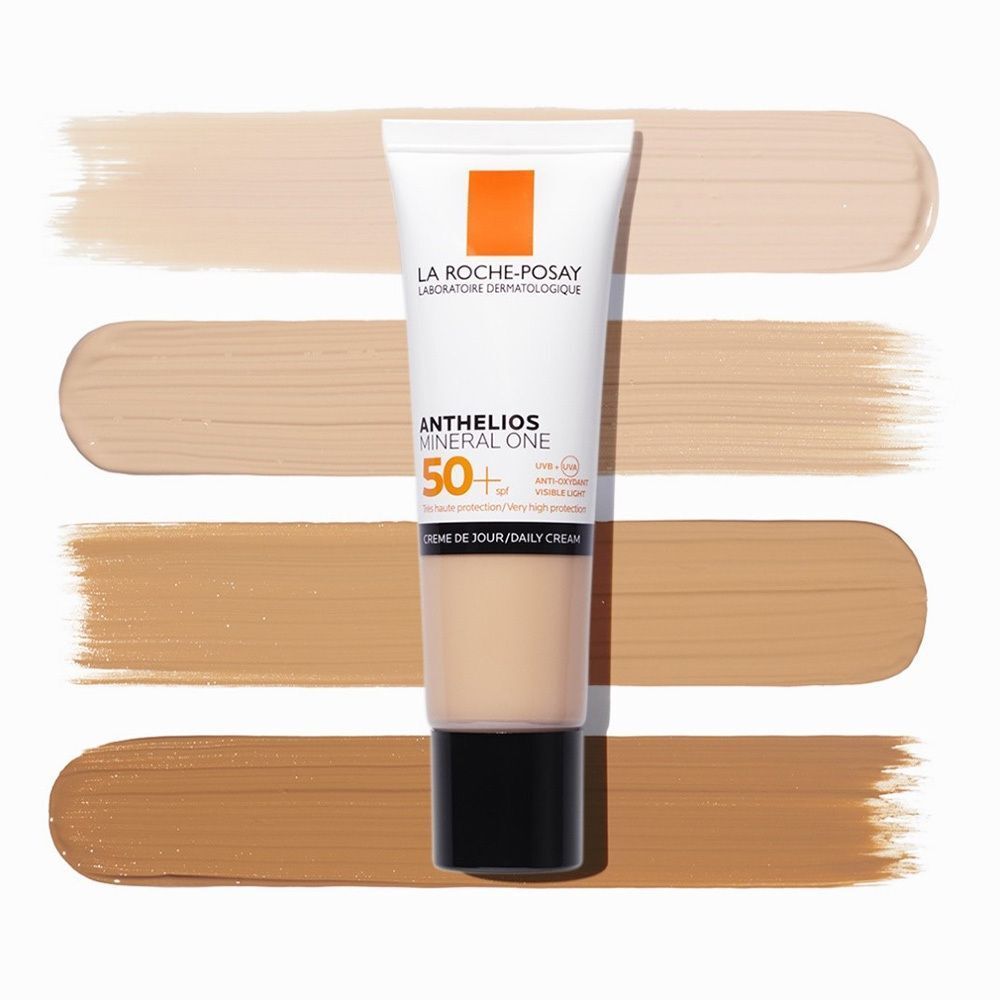 La Roche-Posay Anthelios Mineral One LSF 50+ 03 Tan. Produkt und Farbmuster in verschiedenen Hauttönen. Creme de Jour/Daily Cream.