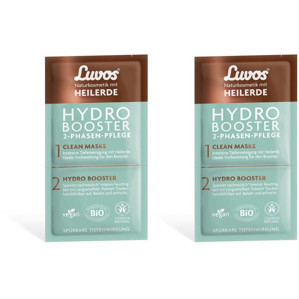 Zwei quadratische Beutel. Aufschrift: Luvos, Hydro Booster, 2-Phasen-Pflege, Clean Maske, Hydro Booster. Vegan- und Bio-Siegel.