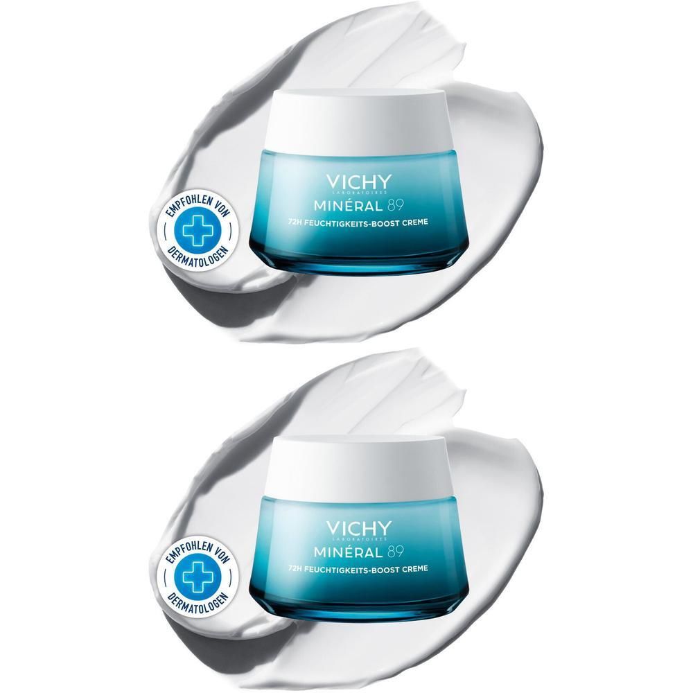 Zwei Tiegel VICHY MINERAL 89 72h Creme leicht mit Duft. Blaue Gläser mit weißem Deckel. Aufschrift: MINERAL 89.