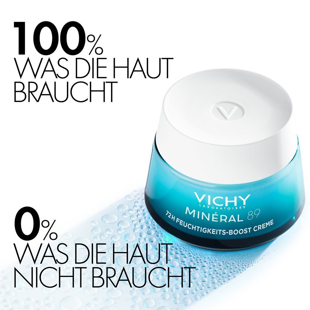 Tiegel VICHY MINERAL 89 72h Creme leicht mit Duft. Blaue Glas mit weißem Deckel. Text: 100% was die Haut braucht, 0% was die Haut nicht braucht.