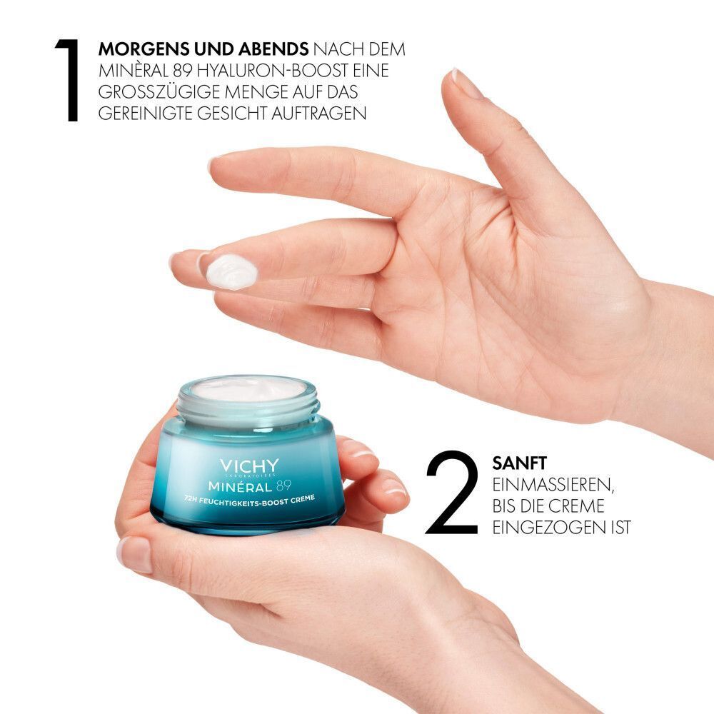 Hände halten einen Tiegel VICHY MINERAL 89 72h Creme leicht mit Duft. Aufschrift: MINERAL 89. Schritt 1: Creme auftragen. Schritt 2: Einmassieren.