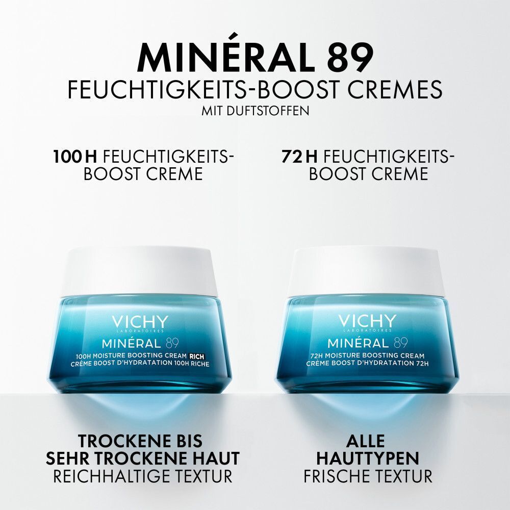 Zwei Tiegel VICHY MINERAL 89 72h Creme leicht mit Duft. Aufschrift: MINERAL 89. Text: Trockene bis sehr trockene Haut, alle Hauttypen. Frische Textur.