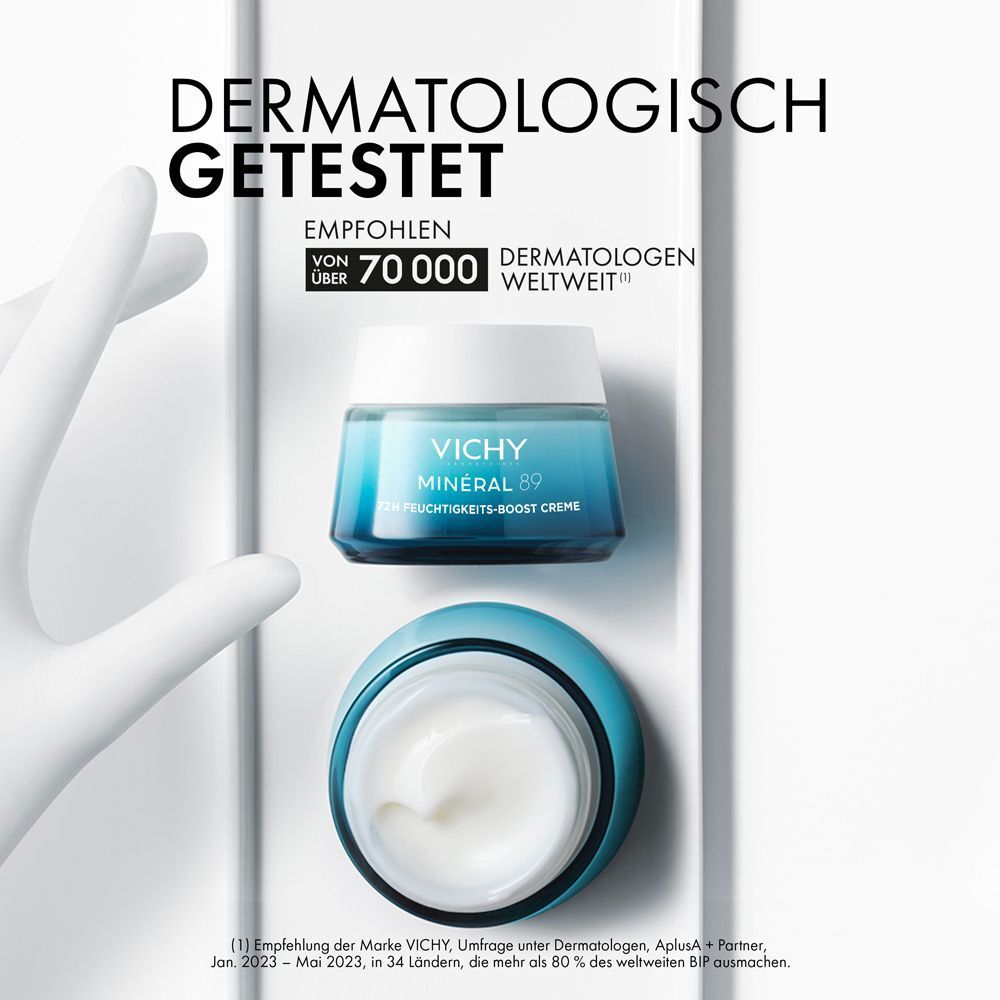 Tiegel VICHY MINERAL 89 72h Creme leicht mit Duft. Aufschrift: MINERAL 89. Text: Dermatologisch getestet. Empfohlen von über 70.000 Dermatologen weltweit.