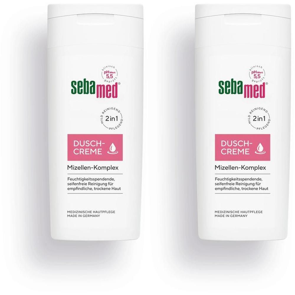 Zwei weiße Flaschen Sebamed Duschcreme. Rosa Etikett mit Produktnamen und Logo. 2in1-Formel. pH-Wert 5,5.