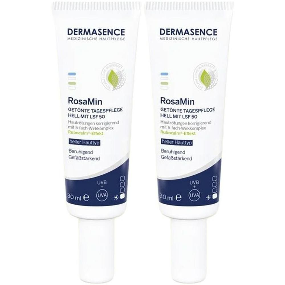 Zwei Tuben DERMASENCE RosaMin getönte Tagespflege hell LSF 50. Weiße Tuben mit blauer und grüner Beschriftung. 30 ml.