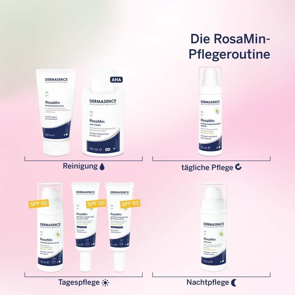 Verschiedene DERMASENCE RosaMin Produkte: Reinigung, tägliche Pflege, Tagespflege (LSF 50), Nachtpflege.