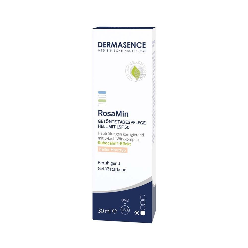 DERMASENCE RosaMin getönte Tagespflege hell LSF 50. Weiße Tube mit blauer und grüner Beschriftung. 30 ml.