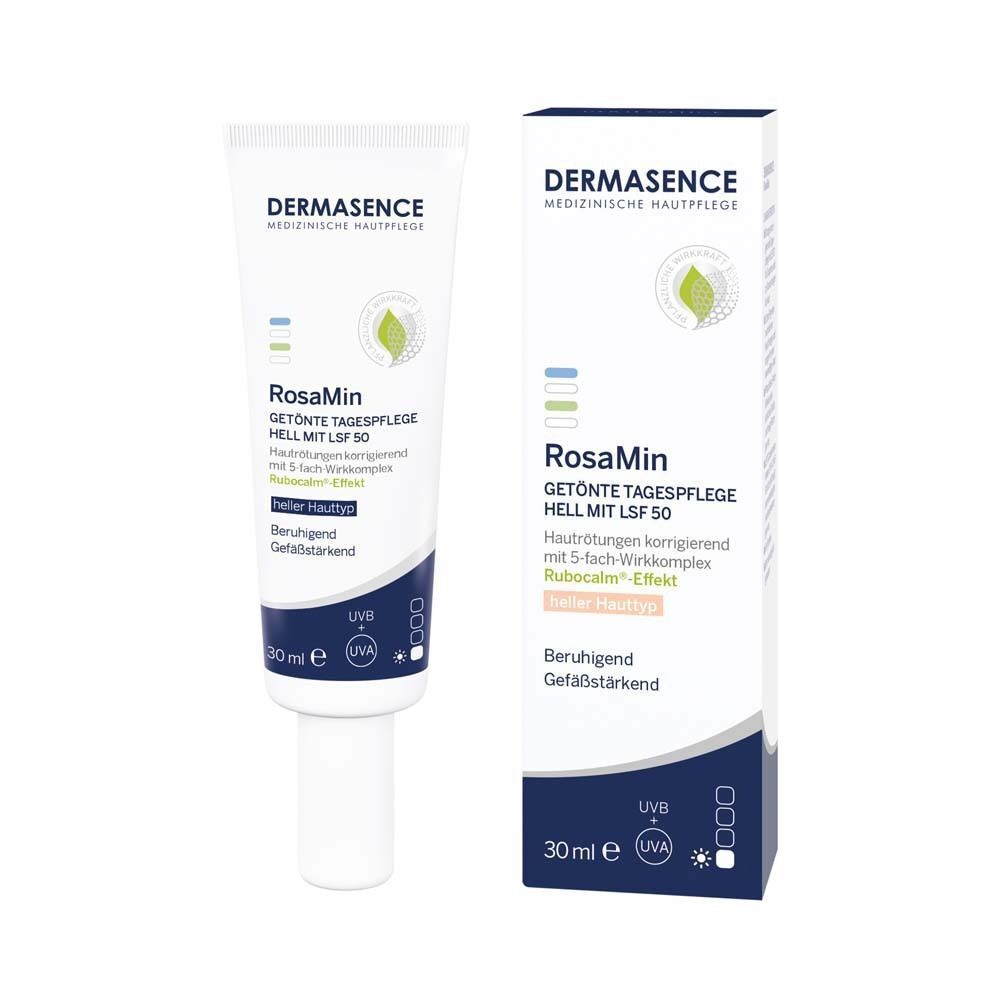 DERMASENCE RosaMin getönte Tagespflege hell LSF 50. Produkt und Verpackung. 30 ml.