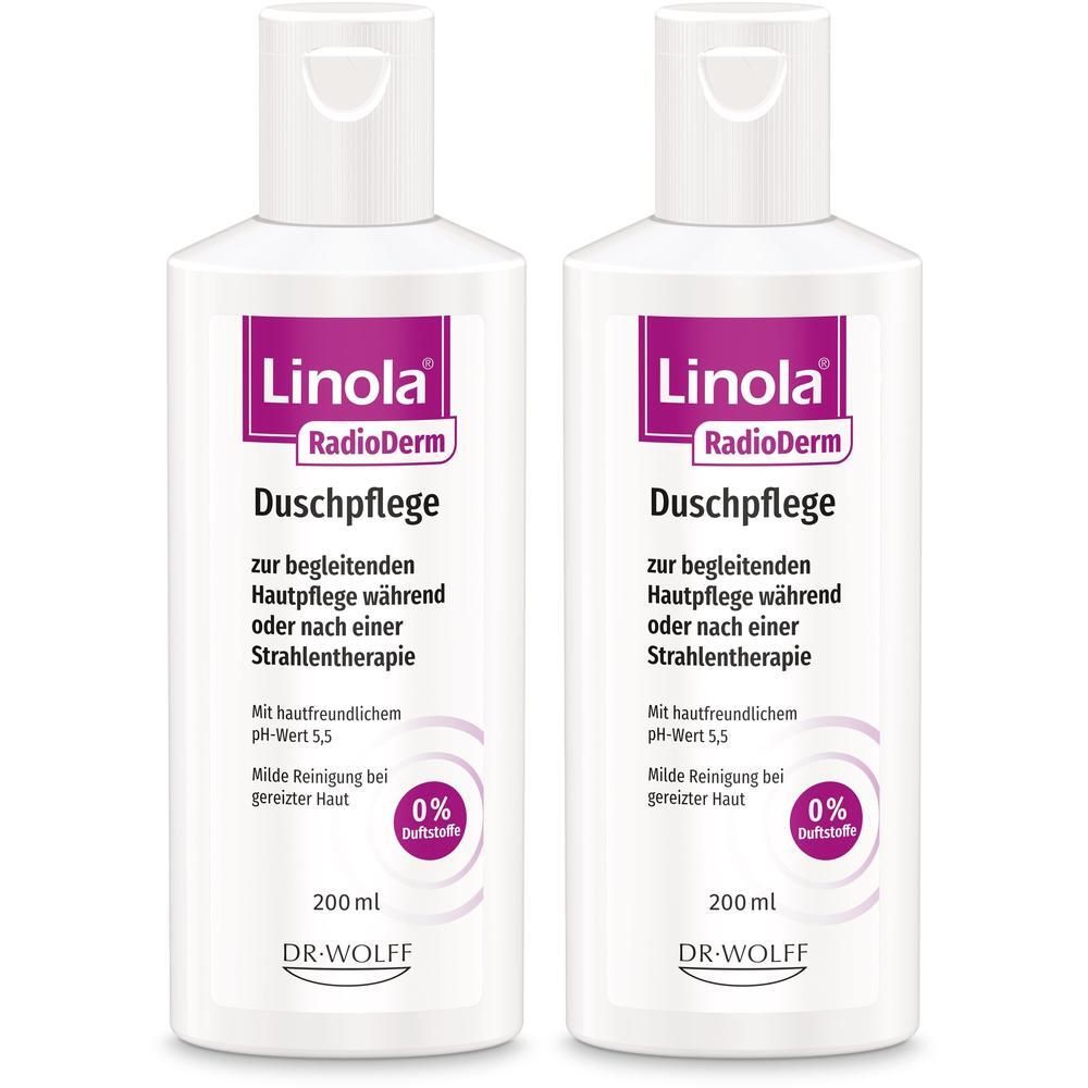 Zwei weiße Flaschen Linola RadioDerm Duschpflege. Violettes Etikett mit Produktnamen und Text. 200 ml. pH-Wert 5,5. Ohne Duftstoffe.