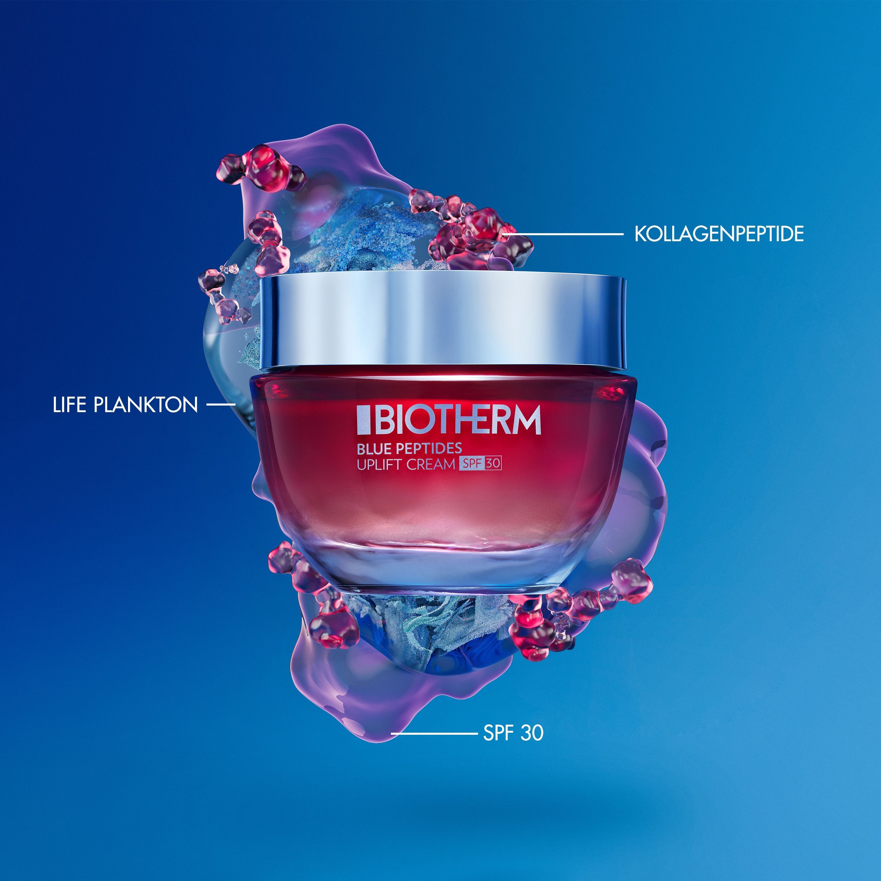 Tiegel Biotherm Blue Peptides Uplift Cream SPF30. Roter Tiegel mit silbernem Deckel. Aufschrift: BIOTHERM, Blue Peptides, Uplift Cream SPF30. Text: Life Plankton, Kollagenpeptide, SPF 30.