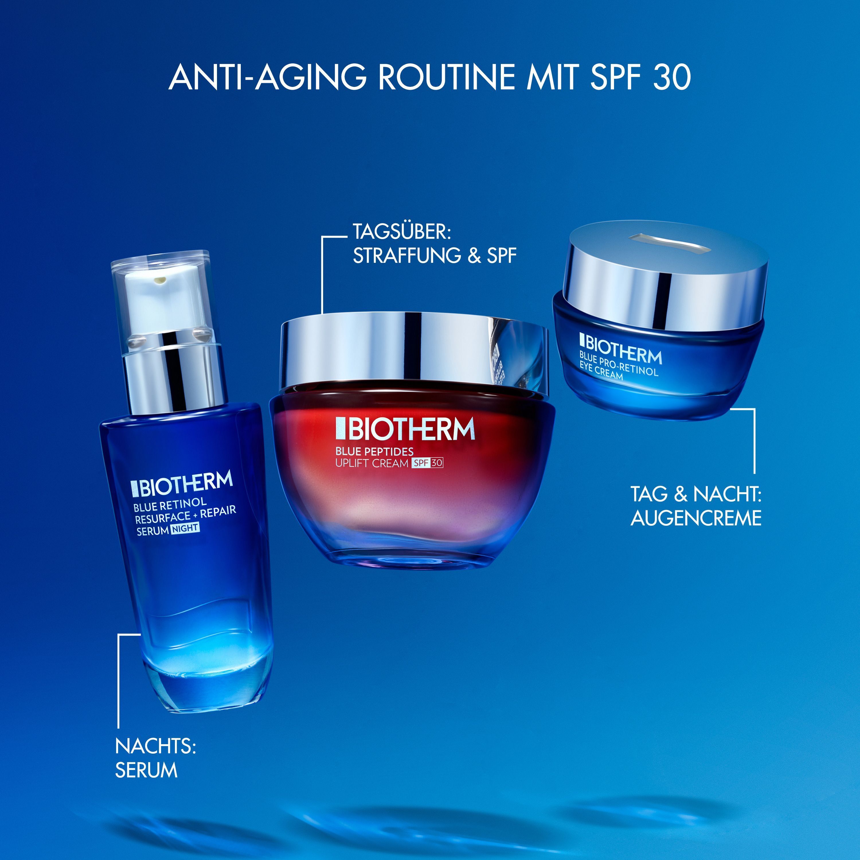 Anti-Aging-Routine mit SPF 30. Produkte: Serum, Creme, Augencreme. Aufschrift: BIOTHERM, Blue Peptides.