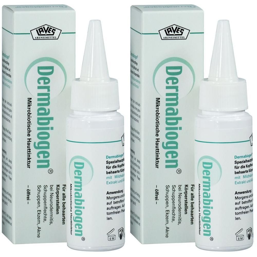 Zwei Flaschen mit weißem Etikett und Dosierspitze, neben zwei weißen Schachteln. Aufschrift: Dermabiogen, Mikrobiotische Hauttinktur.