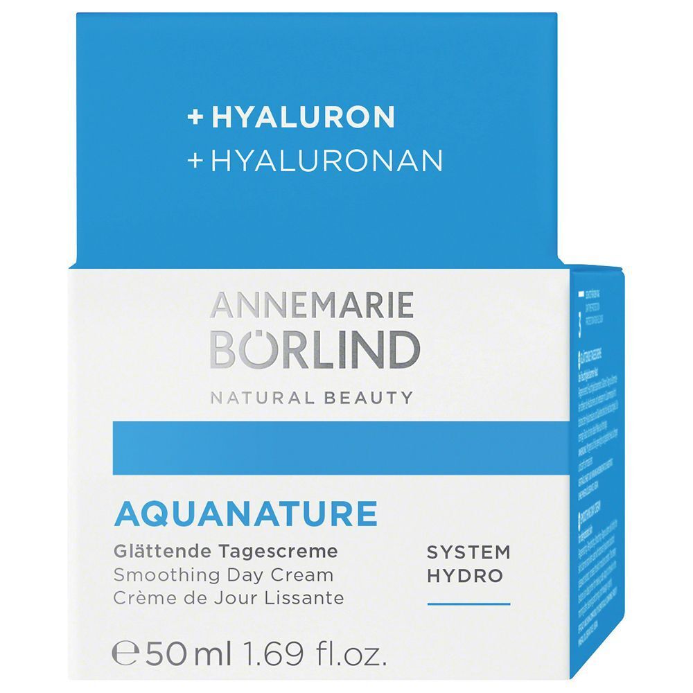 Verpackung der ANNEMARIE BÖRLIND AQUANATURE Glättenden Tagescreme, 50ml.