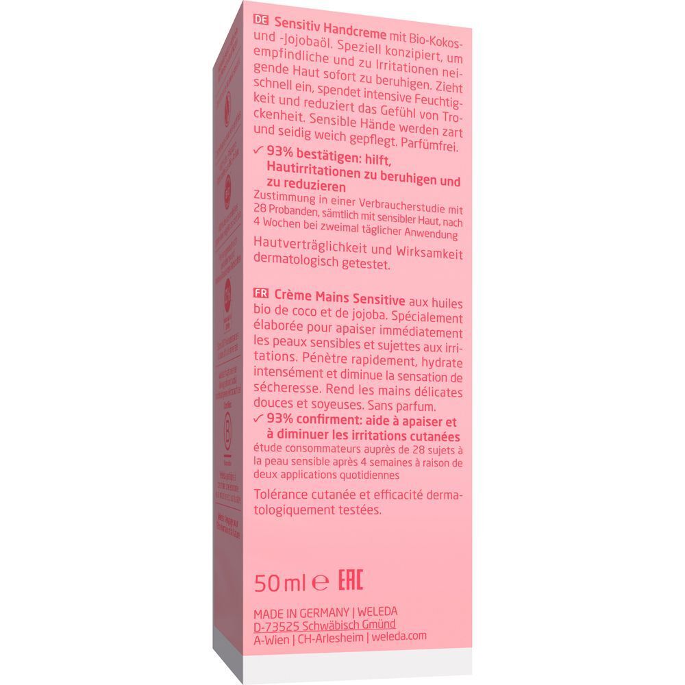Rosa Schachtel mit Text. Text: Crème Mains Sensitive, 50ml, MADE IN GERMANY, 93% bestätigen: hilft, Hautreizungen zu beruhigen und zu reduzieren.