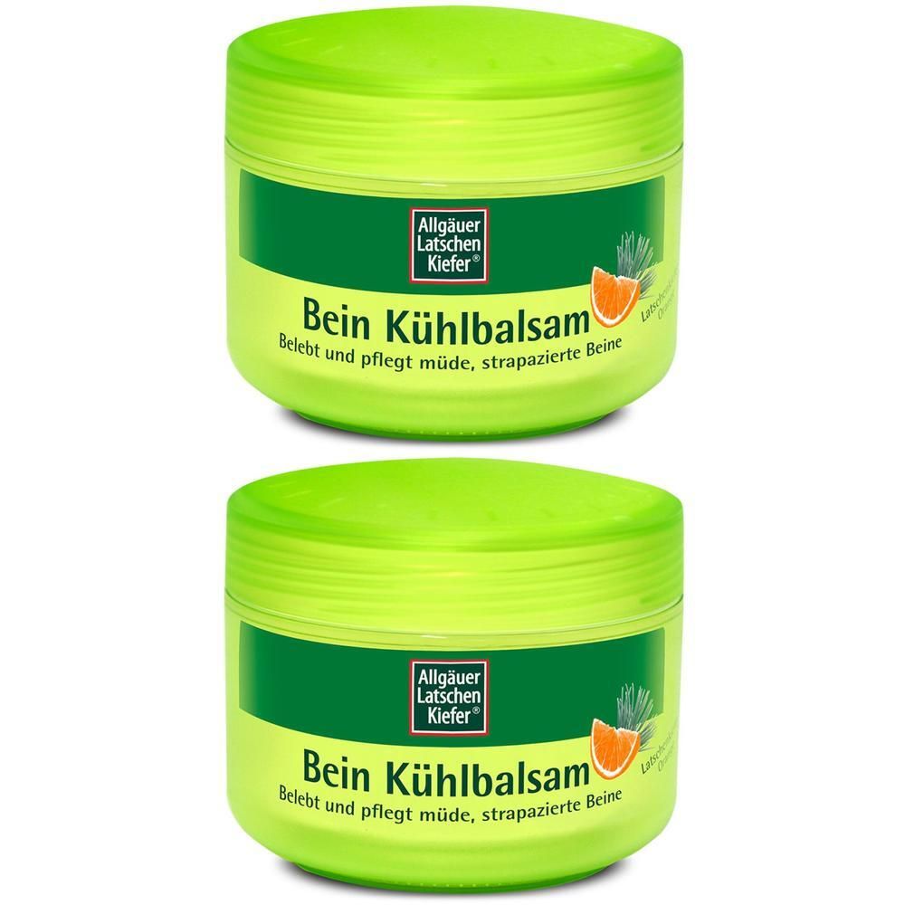 Zwei grüne Tiegel mit Deckel. Aufschrift: Allgäuer Latschen Kiefer Bein Kühlbalsam. Text: Belebt und pflegt müde, strapazierte Beine.