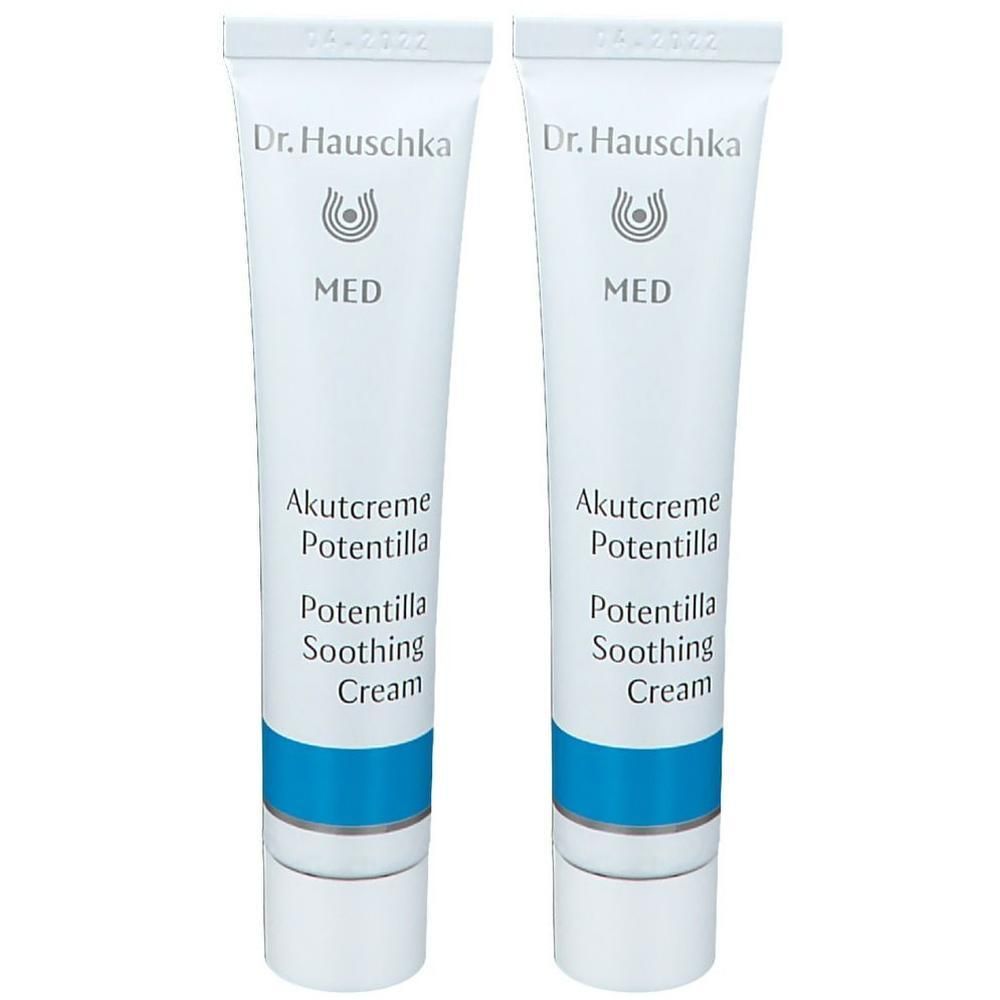 Zwei Tuben Akutcreme Potentilla. Weiße Tuben mit blauen Akzenten. Schriftzug: Dr. Hauschka, MED, Akutcreme Potentilla, Soothing Cream.