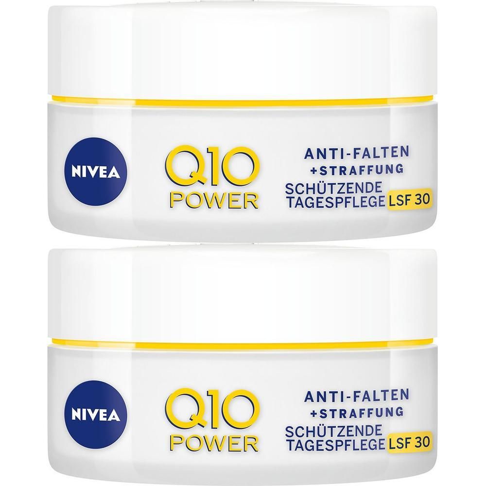 Zwei Tiegel NIVEA® Q10 Power Tagespflege. Weiße Tiegel mit gelben und blauen Schriftzügen. Sichtbar: Logo, Produktname, LSF 30.