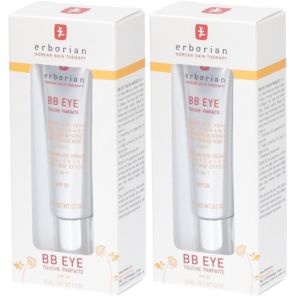 Zwei BB Eye Touche Parfaite Produkte in weißen Verpackungen. Auf jeder Packung ist der Produktname und die Marke deutlich sichtbar.