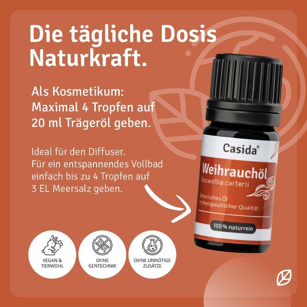 Flasche Casida® Weihrauchöl. Text über Anwendung als Kosmetikum und im Diffusor. Logos für Vegan und ohne Zusätze.