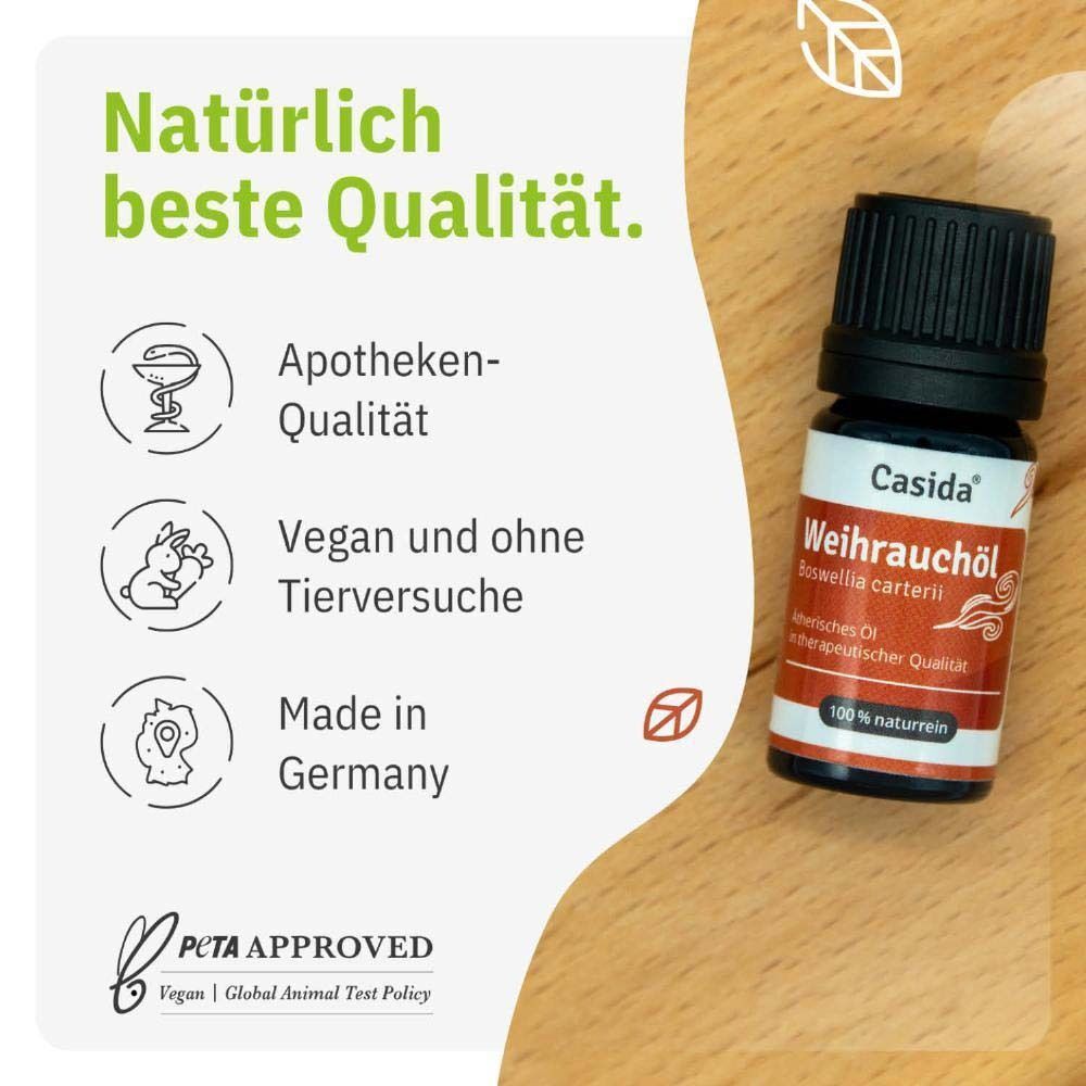Flasche Casida® Weihrauchöl. Text über Apothekenqualität, vegane Herstellung und Made in Germany. PETA-Logo.
