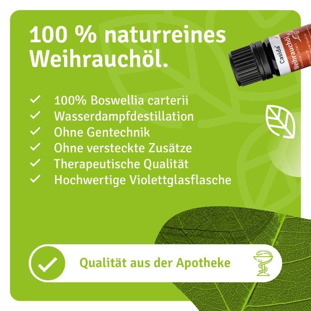 Flasche Casida® Weihrauchöl. Text über 100% naturreines Öl und weitere Eigenschaften. Qualität aus der Apotheke.