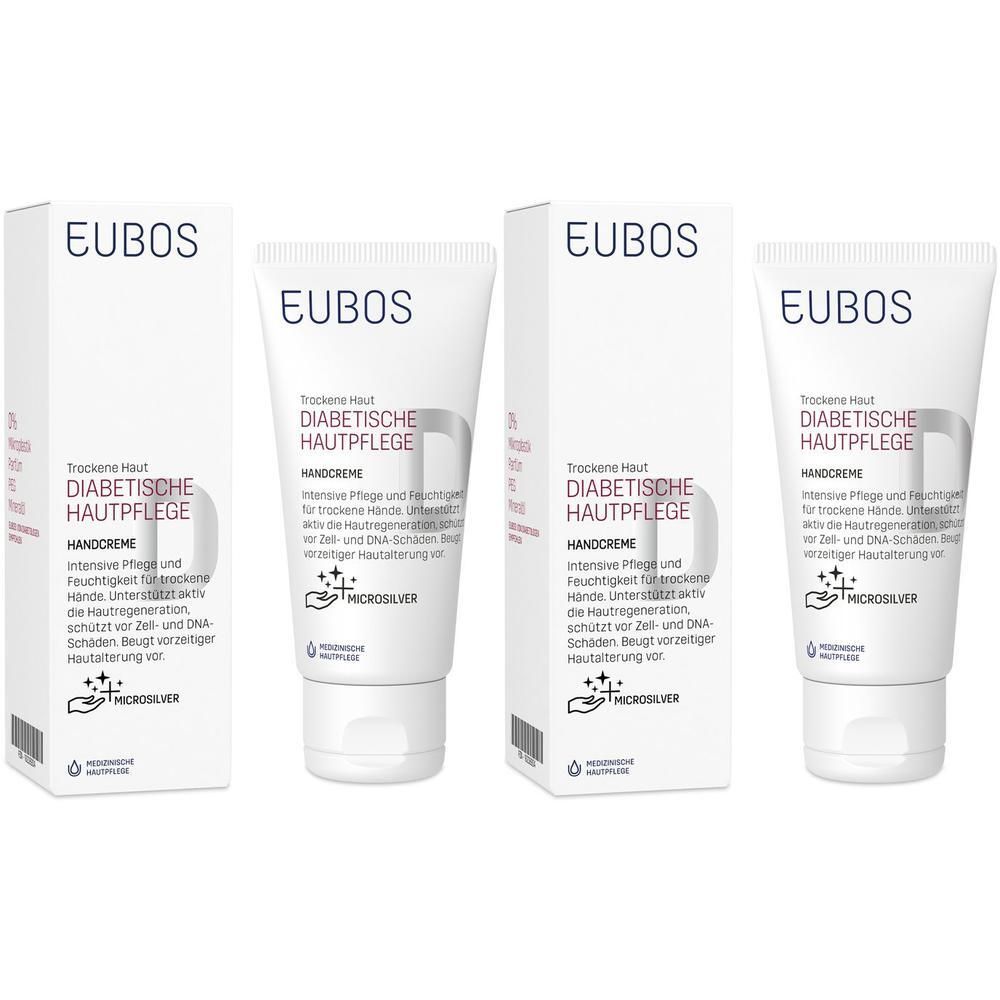 Mehrere Tuben und Verpackungen von EUBOS Handcreme für diabetische Haut. Weiße Tuben mit blauer Schrift und Verpackung.