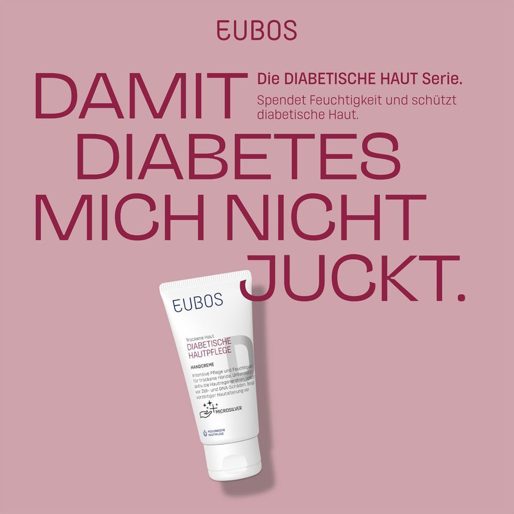 EUBOS Handcreme-Tube auf rosa Hintergrund. Text: Damit Diabetes mich nicht juckt. Die diabetische Haut Serie.