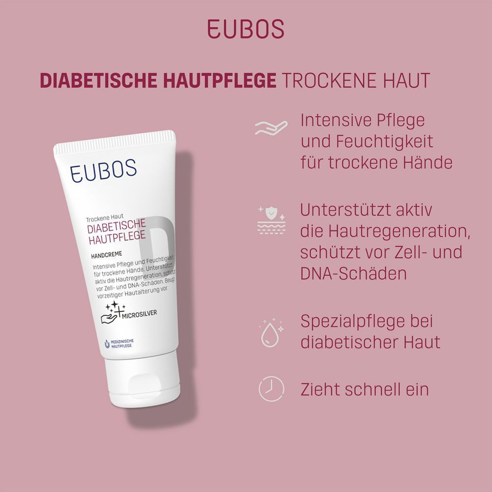 EUBOS Handcreme-Tube auf rosa Hintergrund. Text: Intensive Pflege für trockene Hände. Unterstützt die Hautregeneration.