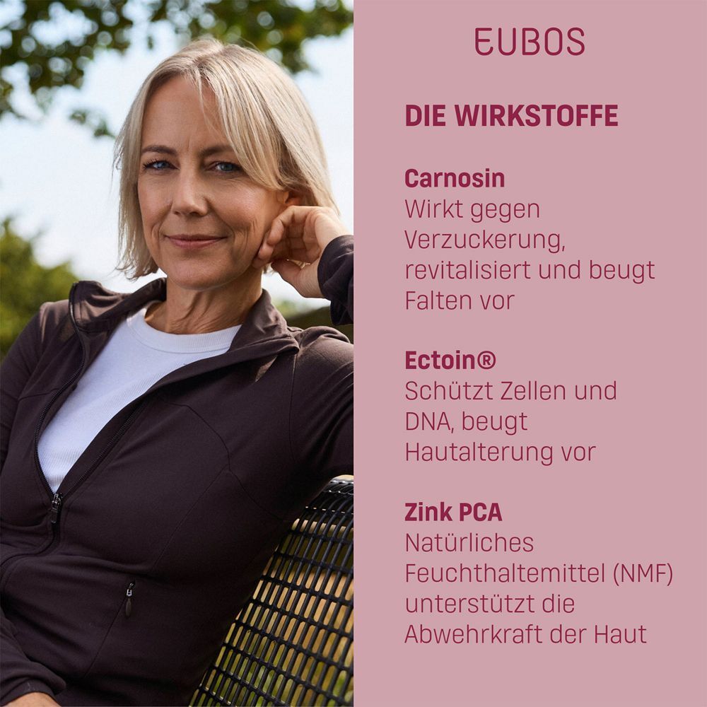 Frau sitzt im Freien. Text: Wirkstoffe: Carnosin, Ectoin, Zink PCA. EUBOS. Informationen zu den Inhaltsstoffen.