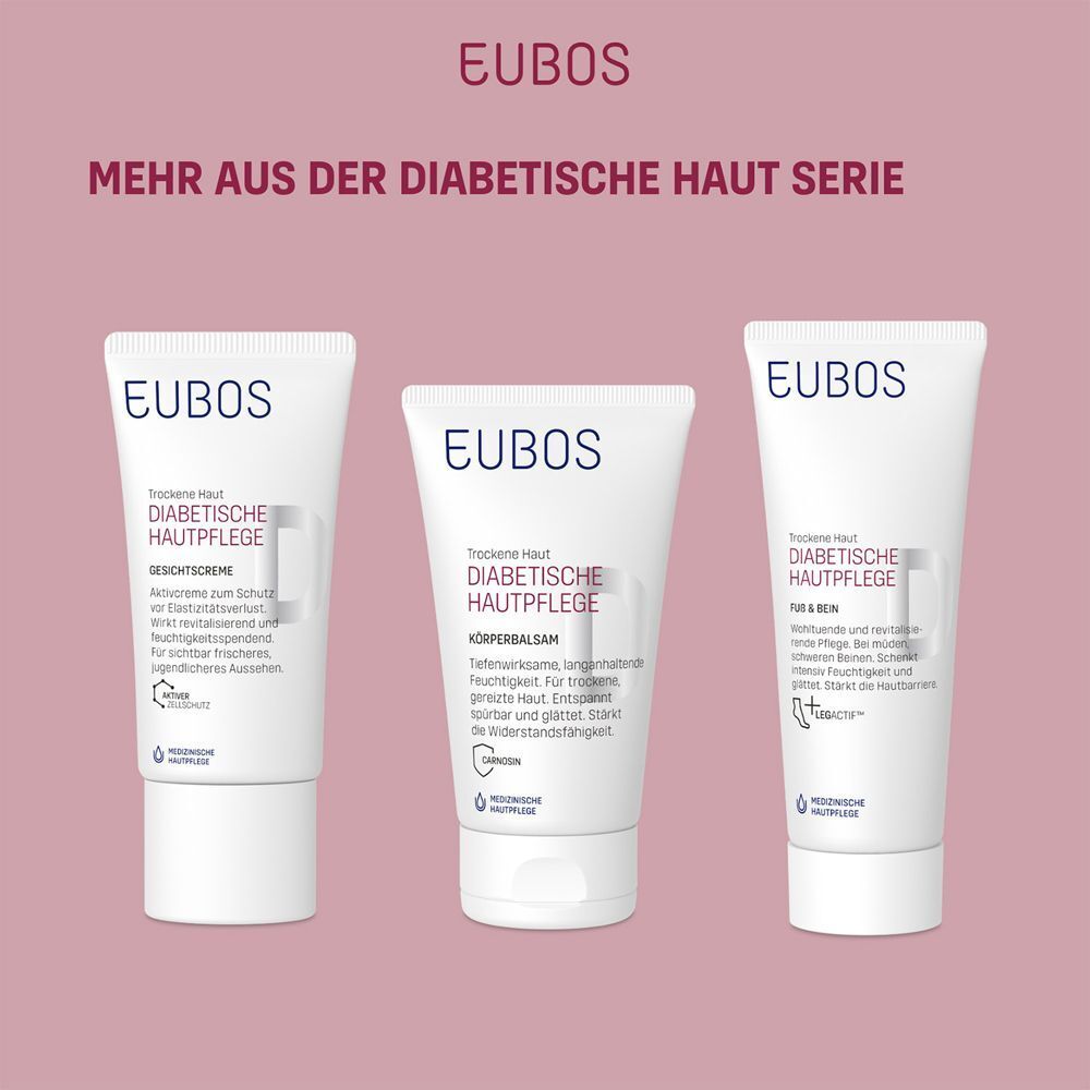 Drei EUBOS Produkte auf rosa Hintergrund. Gesicht, Körper, Füße. Mehr aus der diabetische Haut Serie.