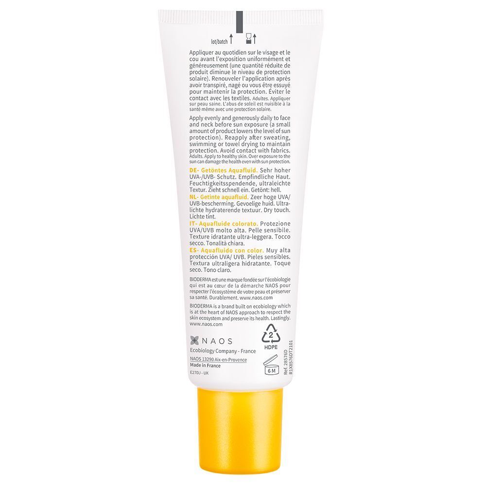 Rückseite einer Tube BIODERMA Photoderm Aquafluide. Text in Deutsch, Französisch, Italienisch und Niederländisch. Gelber Verschluss.
