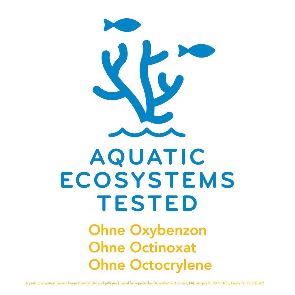 Logo 'AQUATIC ECOSYSTEMS TESTED' mit Text. Ohne Oxybenzon, Octinoxat, Octocrylene. Blaues Logo.