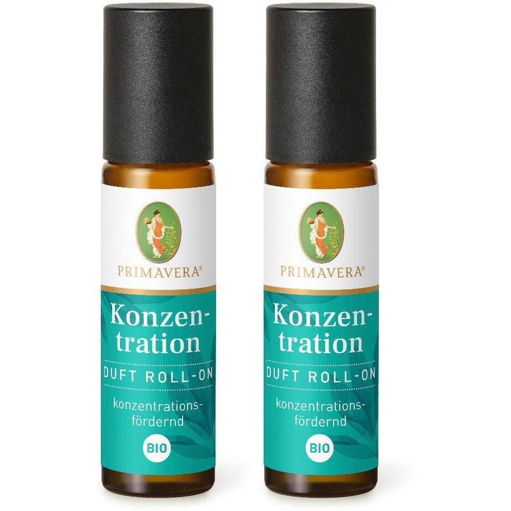 Zwei Roll-On-Flaschen. Glasbehälter mit schwarzem Deckel. Aufschrift: PRIMAVERA, Konzentration, Duft Roll-On, BIO.