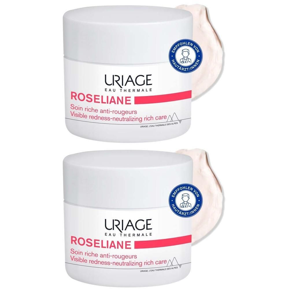 Zwei Tiegel Uriage Roséliane Creme gegen Rötungen. Weiße Tiegel mit roter Schrift. Empfohlen von Hautärzten.