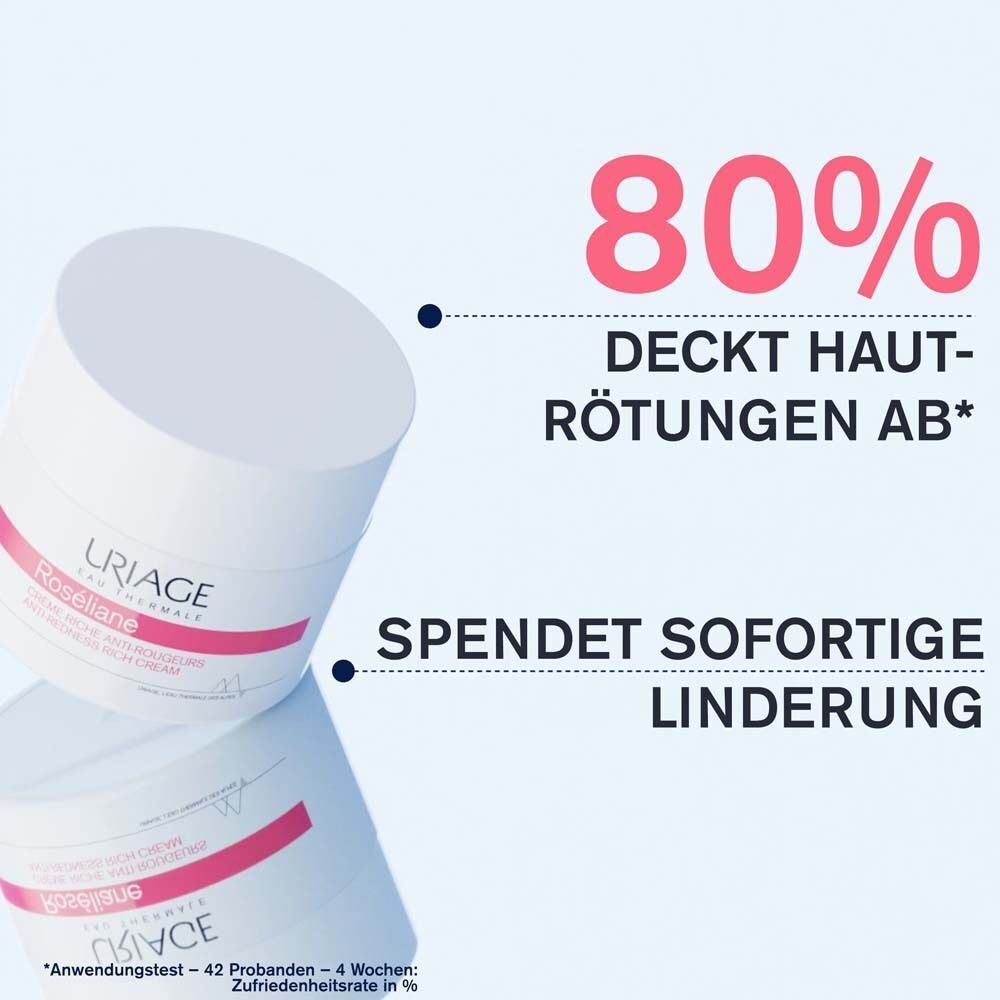 Zwei Tiegel Uriage Roséliane Creme. Text: 80% deckt Hautrötungen ab. Spendet sofortige Linderung.