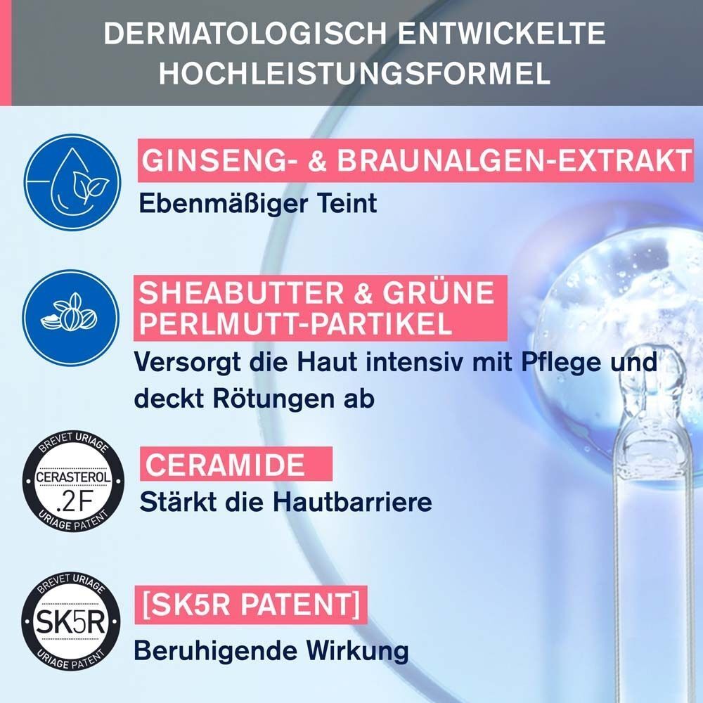 Grafik mit Inhaltsstoffen. Ginseng- & Braunalgen-Extrakt. Sheabutter & grüne Perlmut-Partikel. Ceramide. SK5R Patent.