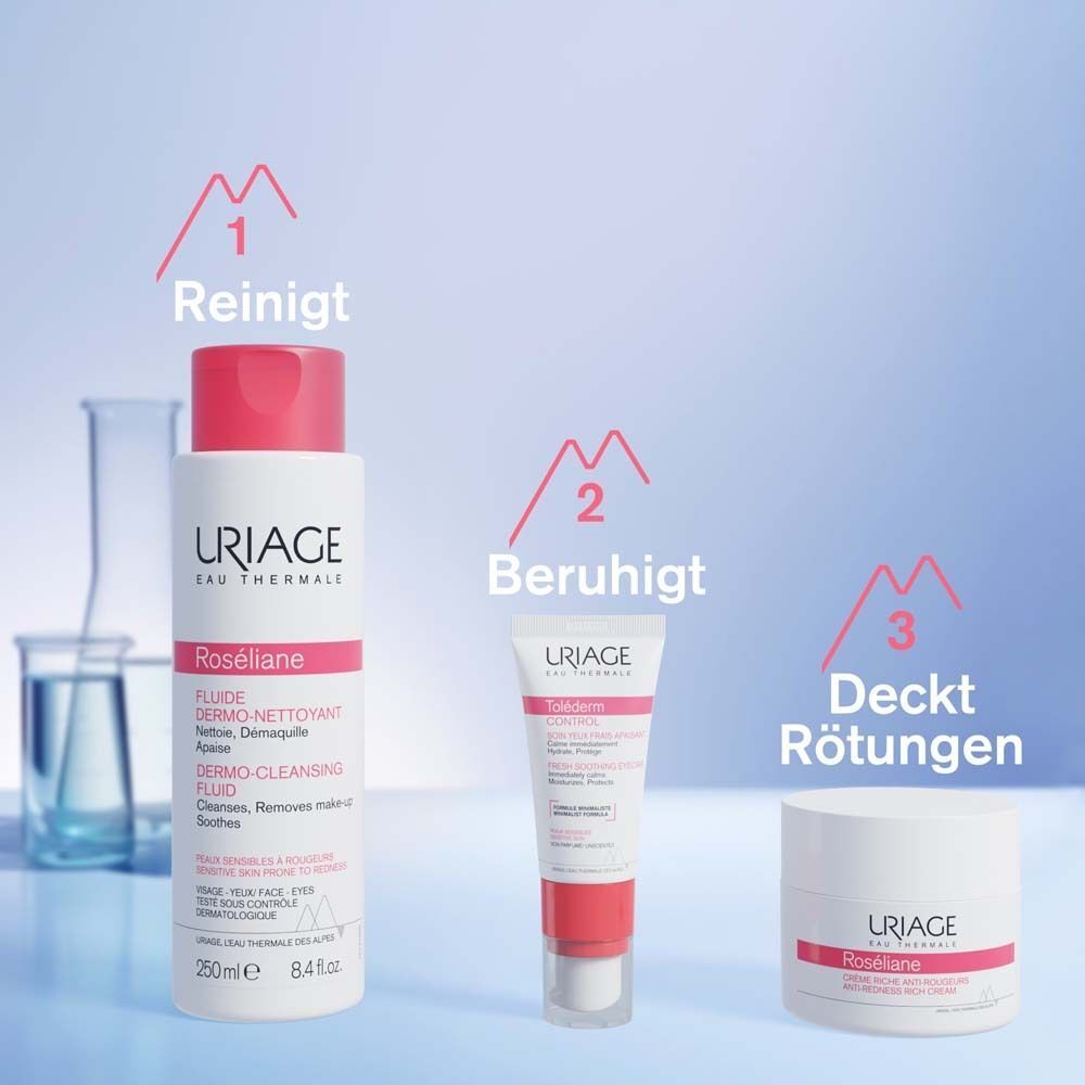 Drei Produkte Uriage Roséliane. Reinigt, beruhigt, deckt Rötungen ab. Flasche, Tube und Tiegel.