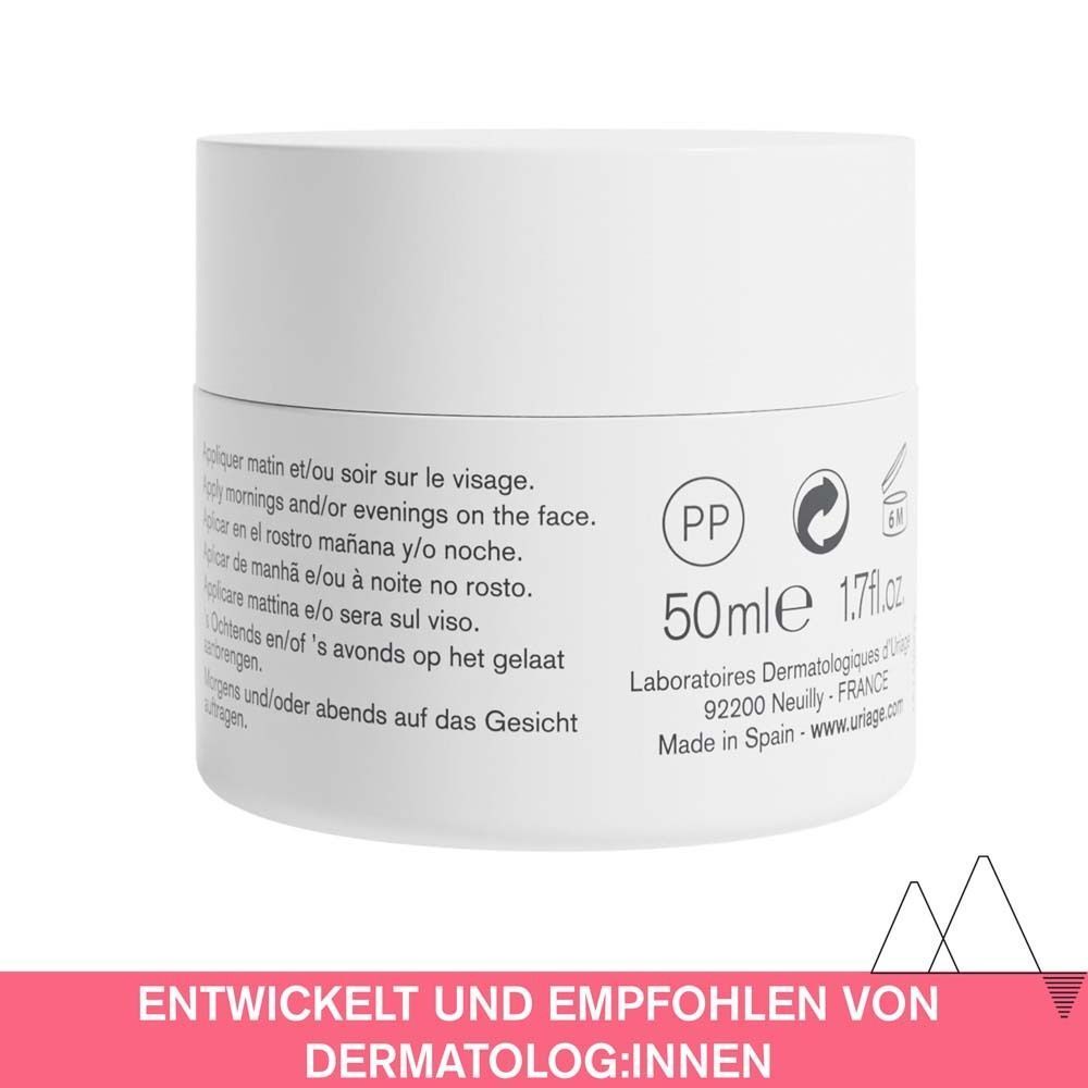 Tiegel Uriage Roséliane Creme. Rückseite mit Text. 50ml. Entwickelt und empfohlen von Dermatolog:innen.