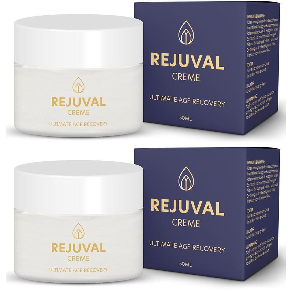 Zwei Tiegel REJUVAL Creme mit Verpackung. Weißer Tiegel, goldener Schriftzug. Blaue Verpackung mit Schriftzug REJUVAL Creme.