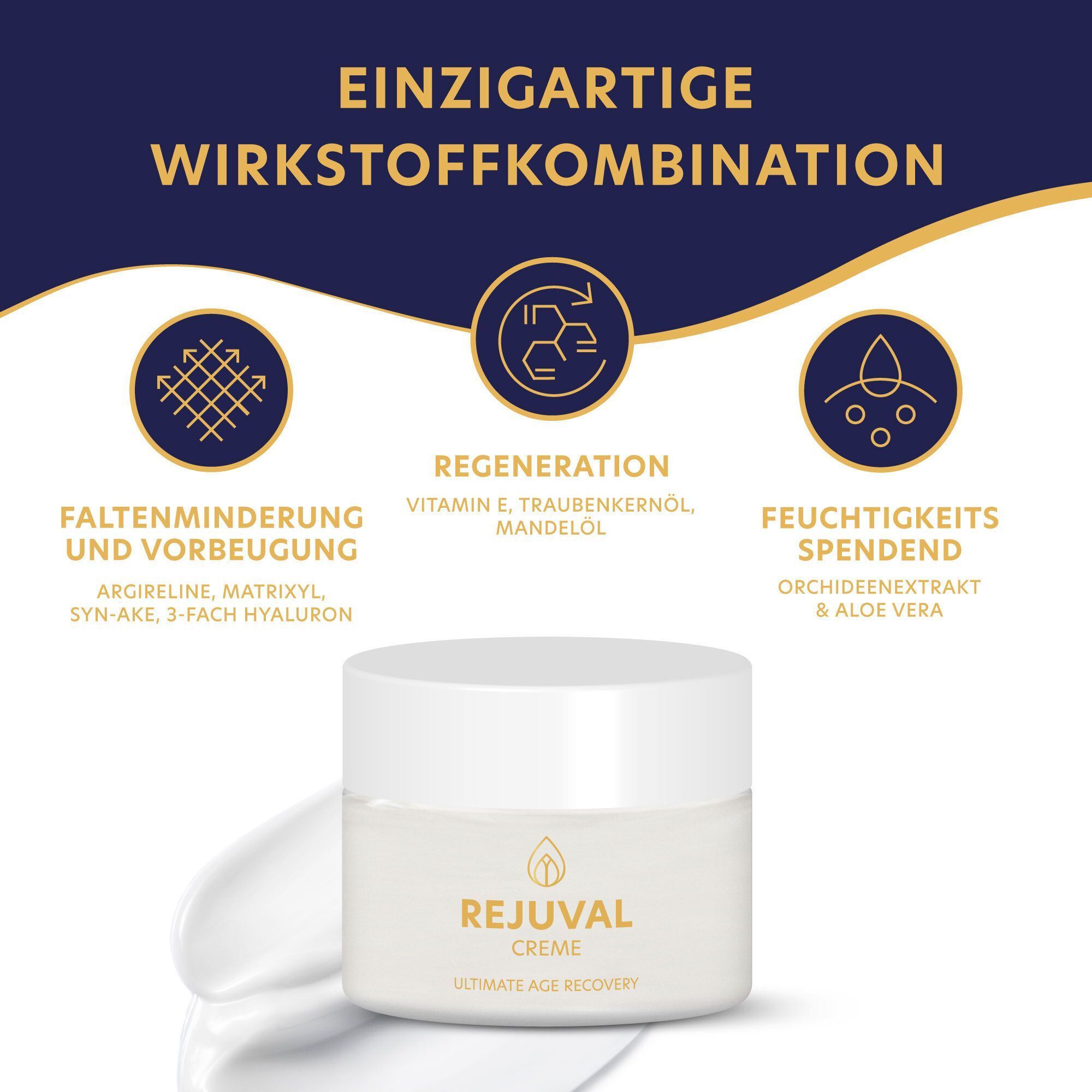 Tiegel REJUVAL Creme mit Inhaltsstoffen. Faltenminderung, Regeneration, Feuchtigkeit. Text: Einzigartige Wirkstoffkombination.