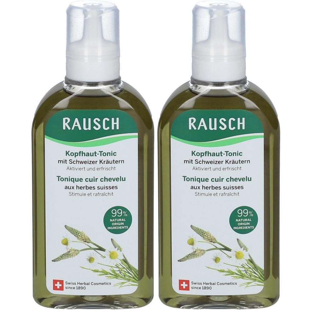 Zwei grüne Flaschen mit weißem Deckel. Aufschrift: RAUSCH, Kopfhaut-Tonic, Schweizer Kräuter. 99% natürliche Inhaltsstoffe. Schweizer Kräuter Kosmetik.