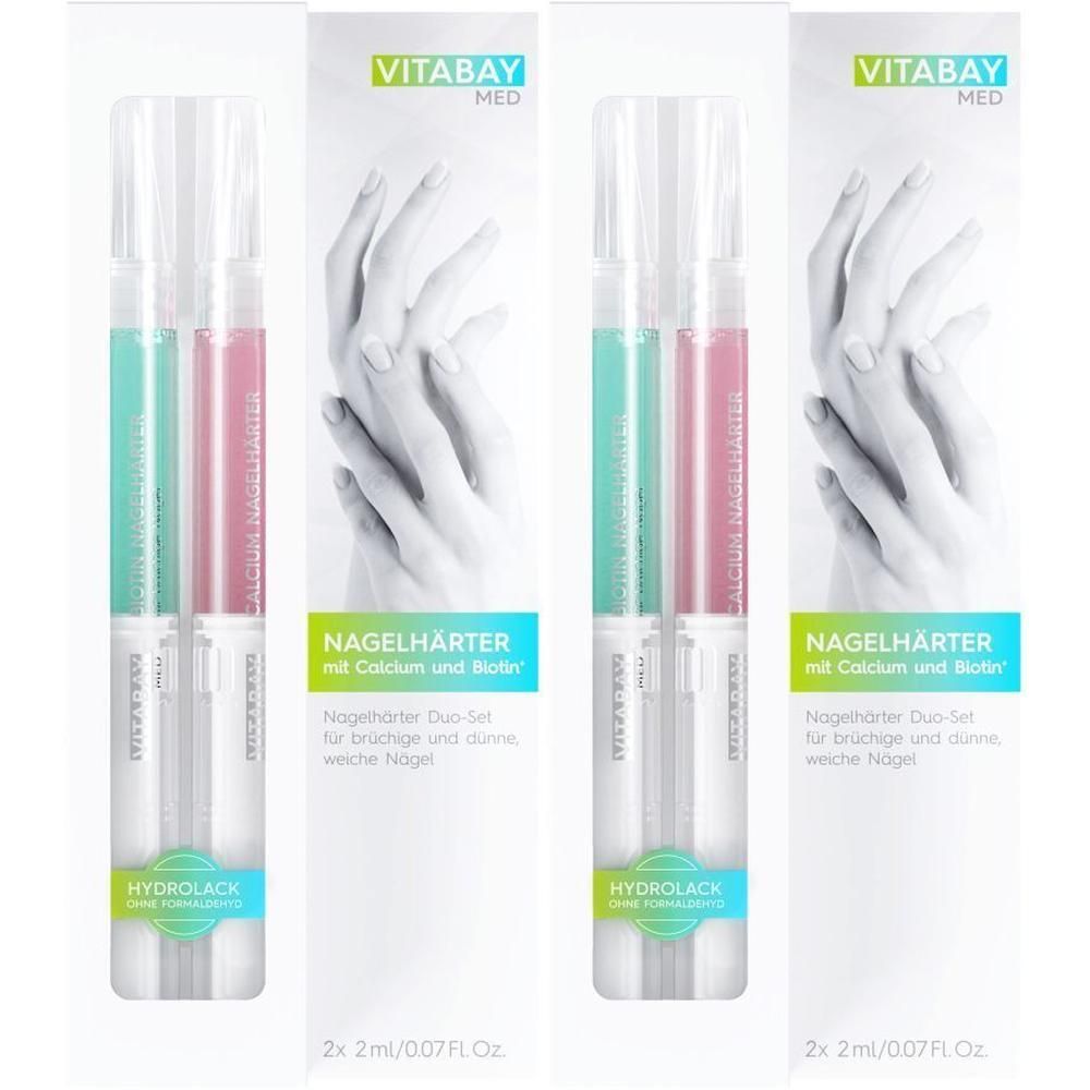 VITABAY MED Nagelhärter Duo-Set. Zwei Stifte mit farbigen Flüssigkeiten in einer Verpackung. Aufschrift: Nagelhärter mit Calcium & Biotin.