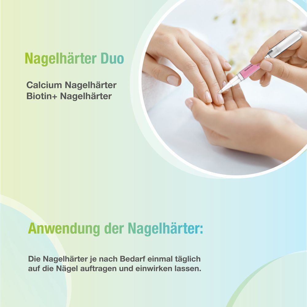 Anwendung des Nagelhärters. Eine Hand wird mit einem Stift behandelt. Aufschrift: Calcium Nagelhärter, Biotin+ Nagelhärter.