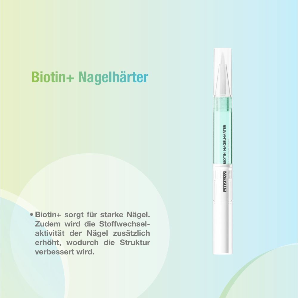 Biotin+ Nagelhärter. Ein Stift mit grüner Flüssigkeit. Aufschrift: Biotin+ sorgt für starke Nägel. Laborgeprüft.