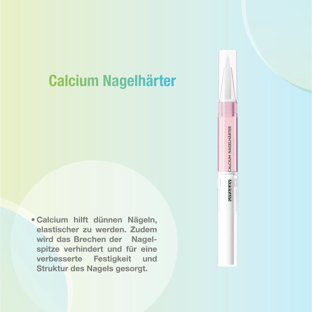 Calcium Nagelhärter. Ein Stift mit rosa Flüssigkeit. Aufschrift: Calcium hilft dünnen Nägeln. Laborgeprüft.